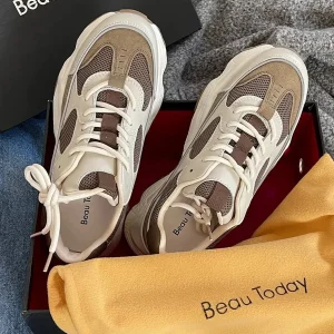 BEAUTODAY Casual Sneakers Women Leather Mesh Mixed Colors Round Toe Lace-Up Thick Sole Ladies Breathable Shoes 29402